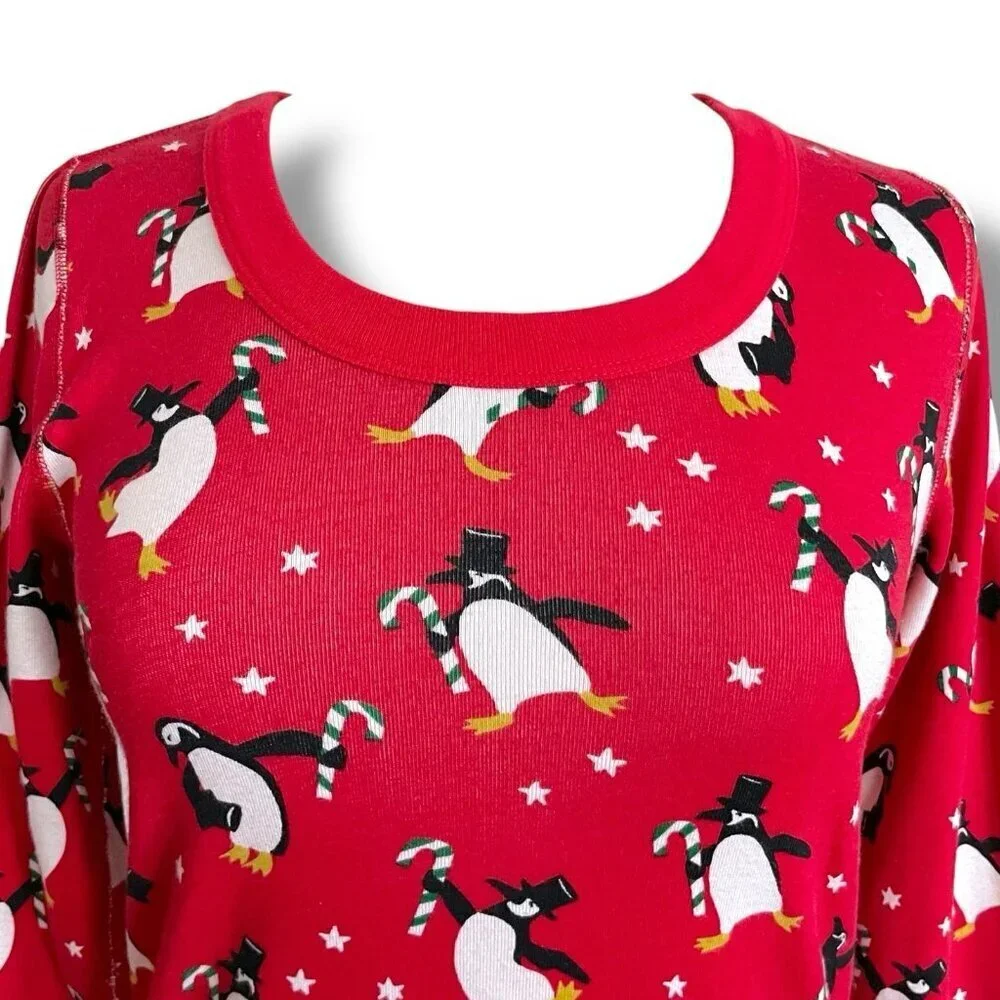 Hanna Andersson Womens Pajama Top Sz Small Red Organic Cotton Penguin Candy Cane